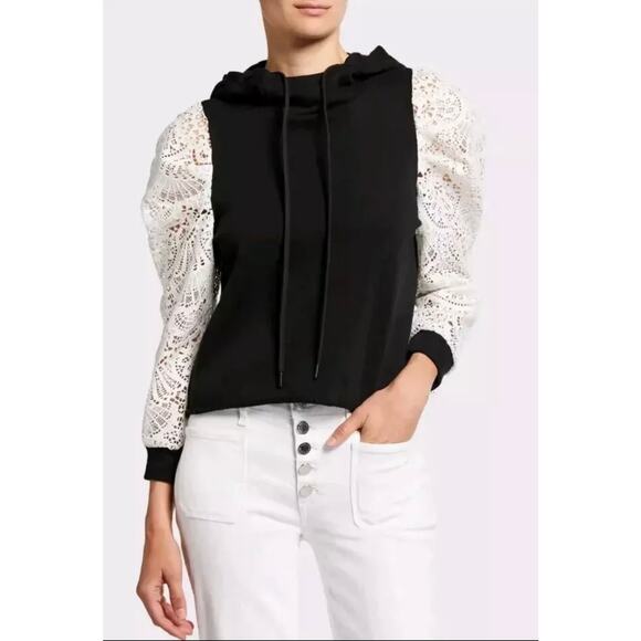 Alice + Olivia Jeans Muffy Puff Sleeve Hoodie w Lace Small Sweatshirt Pullover - Picture 1 of 7